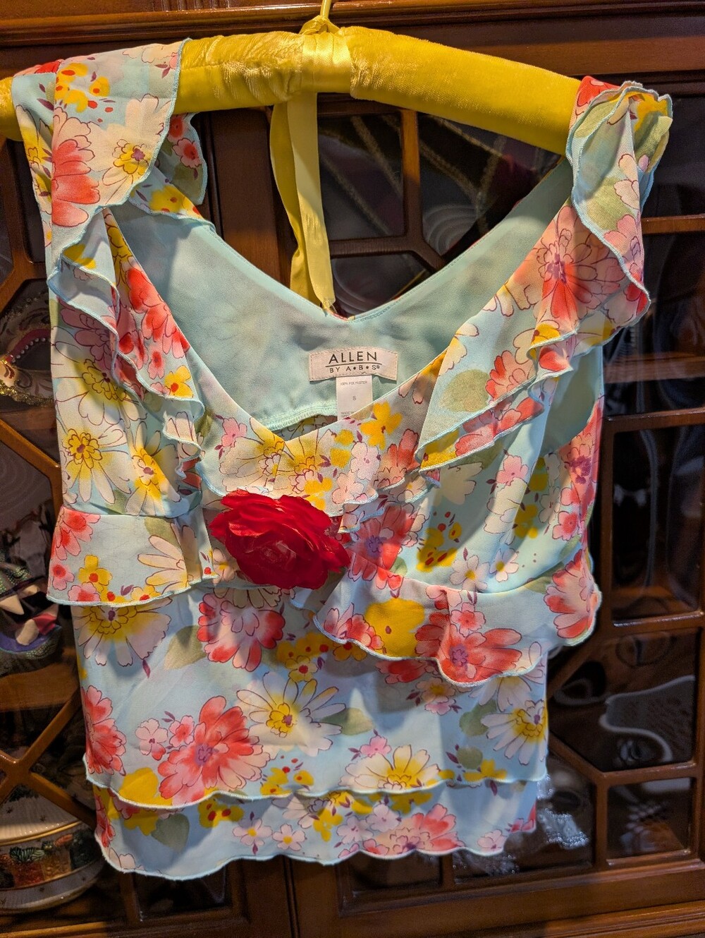 Vintage Allen by ABS Ruffled Floral Sleeveless Top – Light Blue – Size S